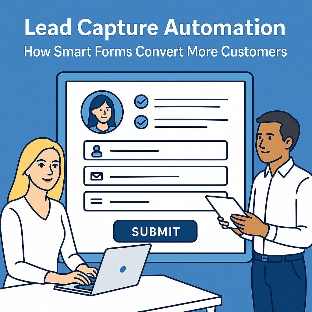 AskOverAI female AI assistant helping a small business automate lead capture through smart AI webforms in a modern office, done-for-you automation service.
